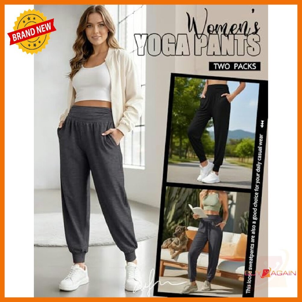 Women's Yoga Joggers 2-Pack High Waisted Loose Fit Sweatpants with Pockets - Picture 7 of 8